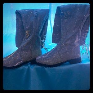 Y’all shimmering holographic fabric boots.